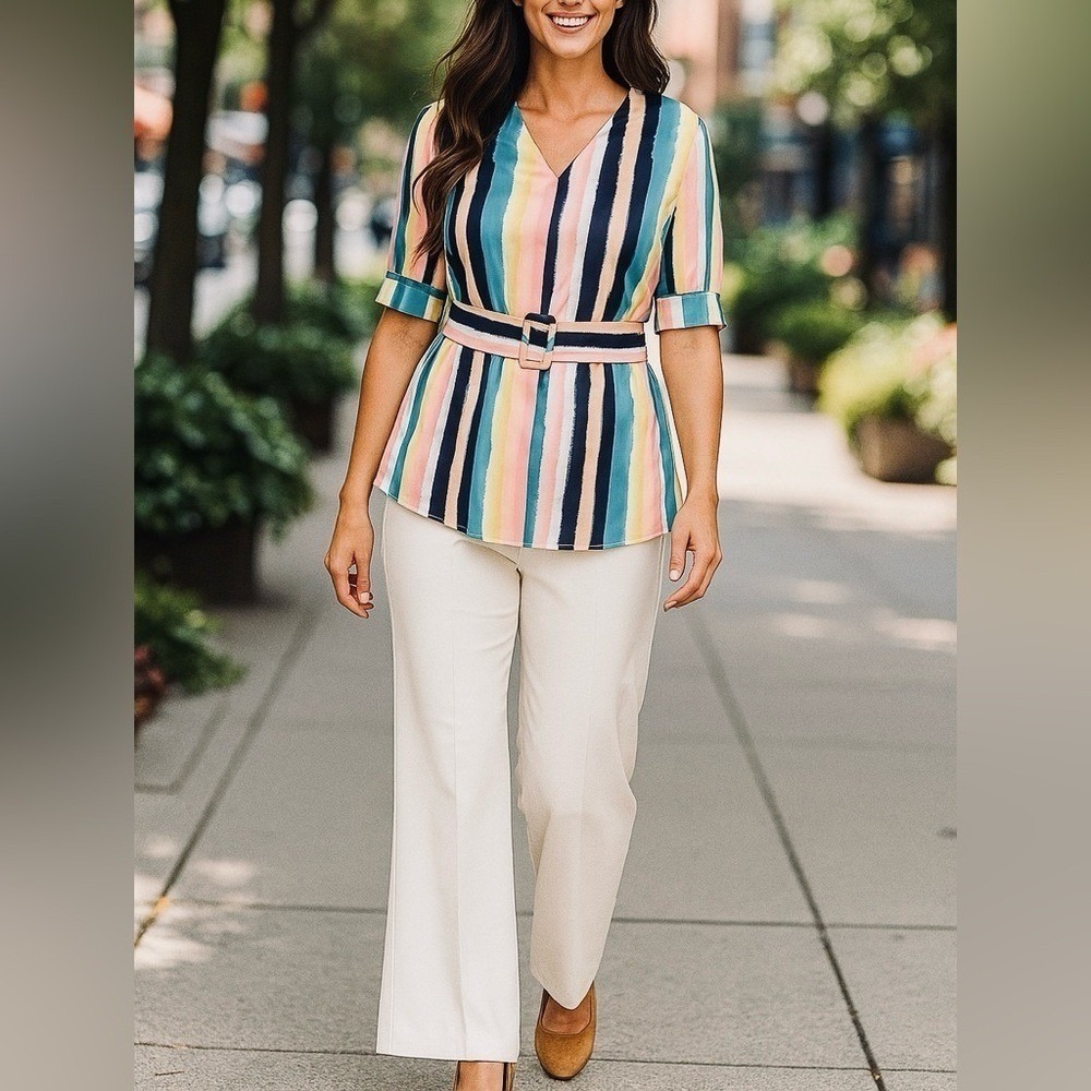 Lane Bryant Watercolor Striped Belted Satin Blouse Top Shirt NWT